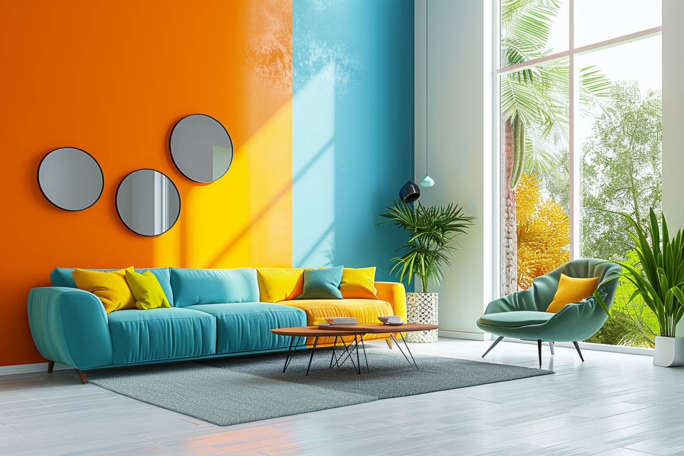 Intérieur de maison ouverte harmonieusement décoré avec des couleurs de peinture complémentaires innovantes